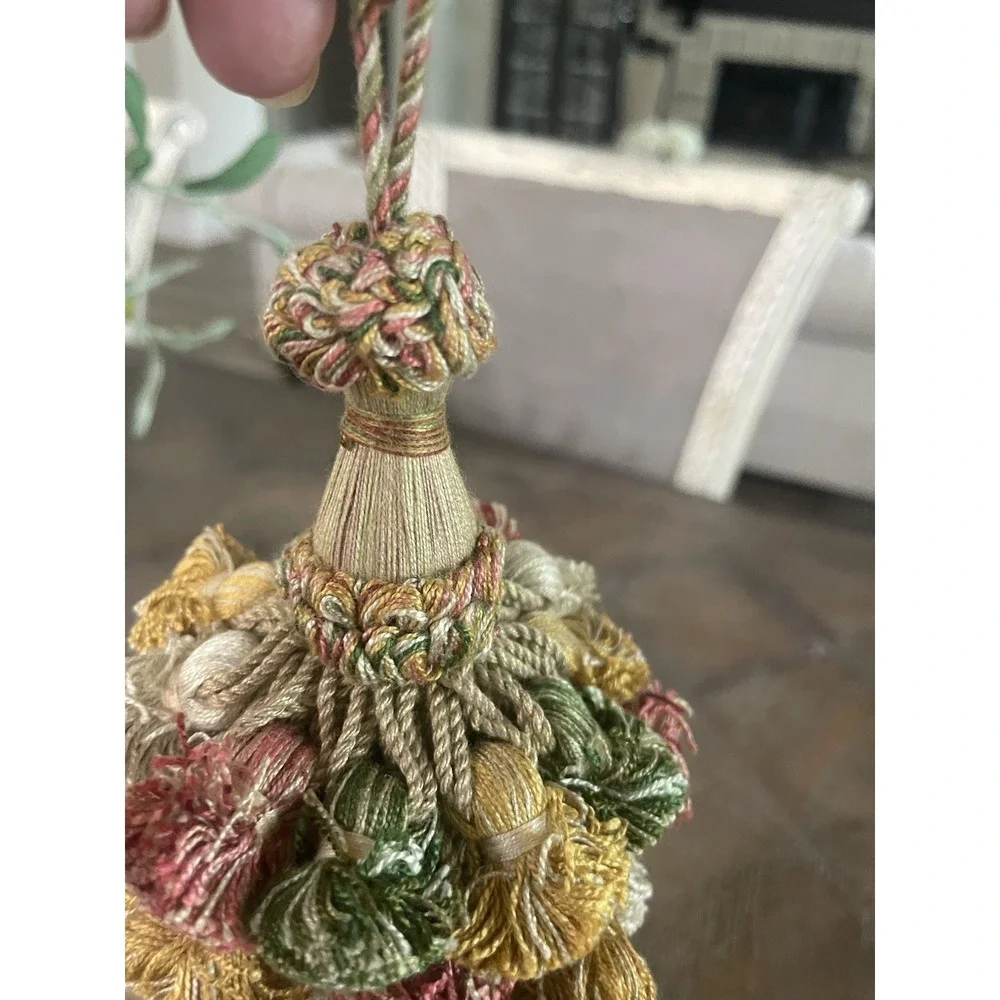 Vtg  French Double Tassel Furniture Key Fob Cotton Green Pink Gold Beige READ